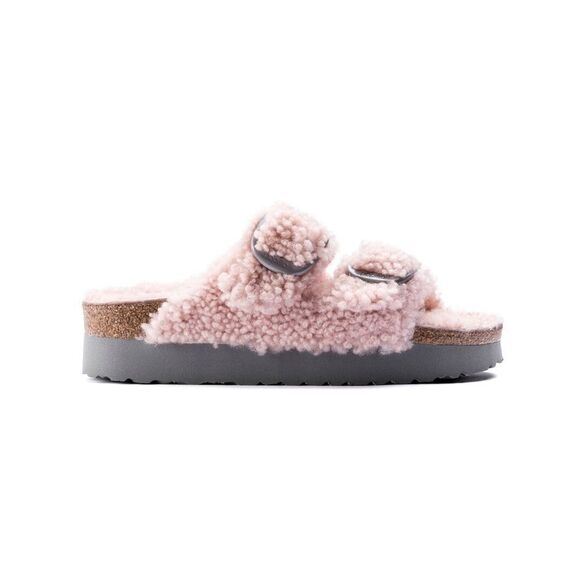 Birkenstock Papillio Arizona Teddy Shearling Fur Platform Sandals Crystal Rose